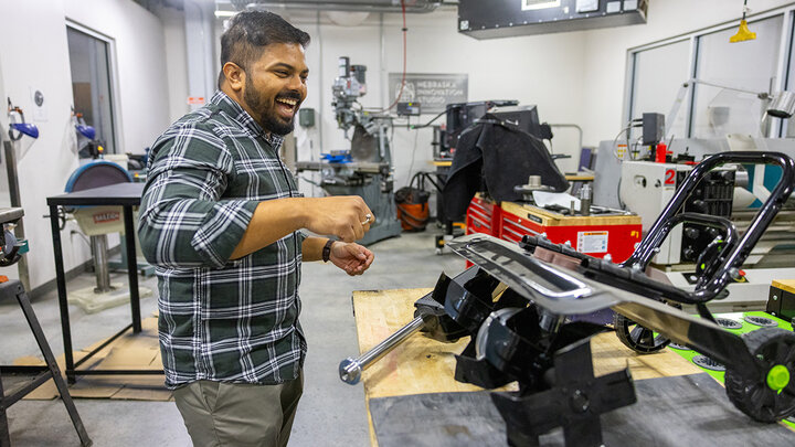 Amlan Balabantaray, a doctoral candidate in biological systems engineering, developed a prototype for his See and Till system, a robotic weed control product for agricultural use.