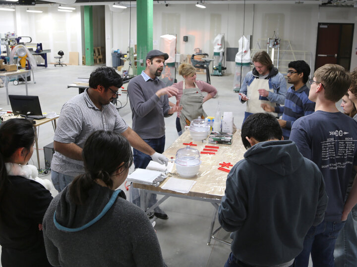 Students listen during a soft robots demonstration led by Stephen Morin, assistant professor chemistry.